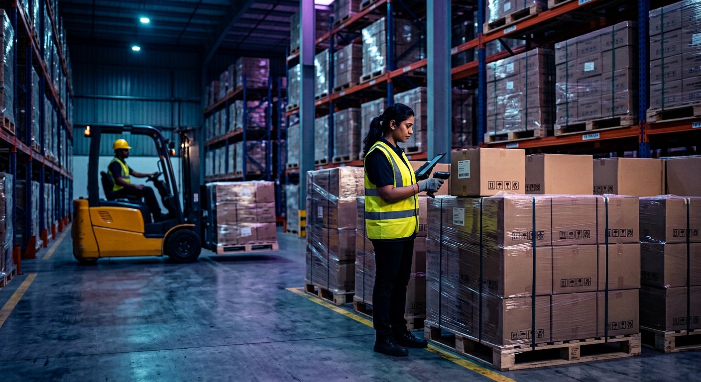 Packaged Indian export goods stacked in a warehouse ready for shipping