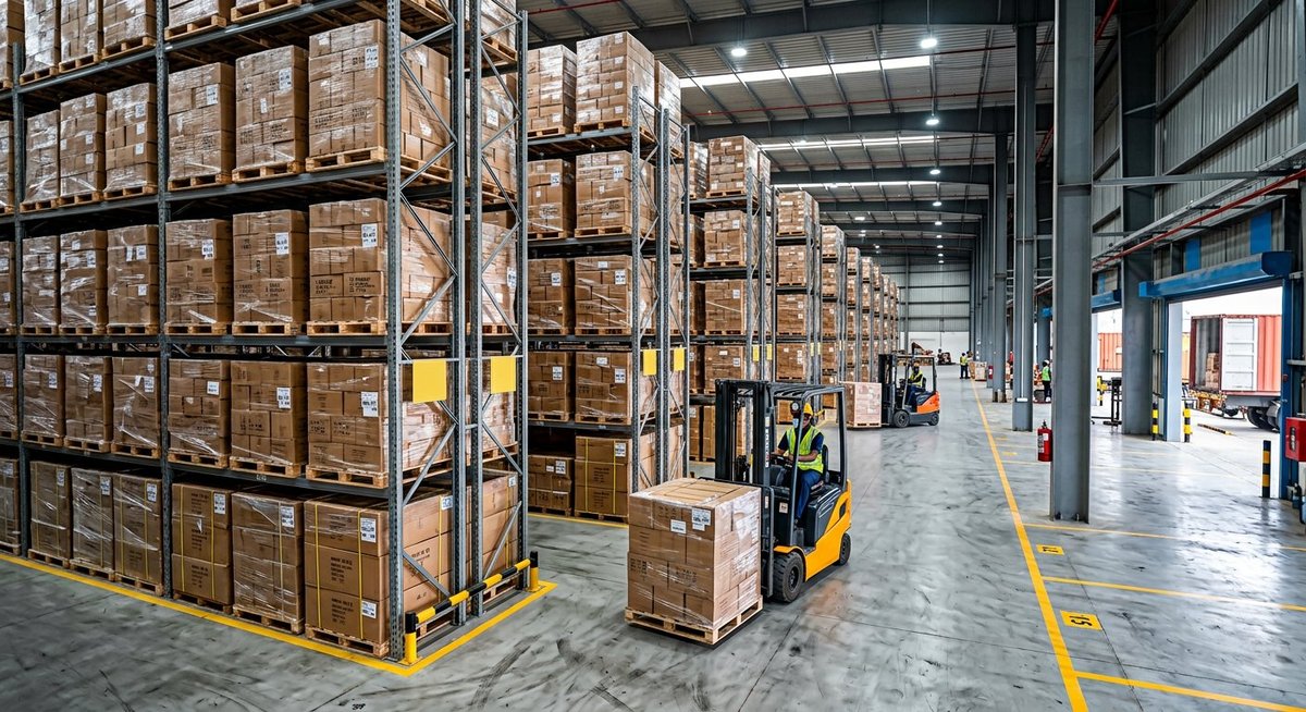 Export warehouse with organized inventory ready for global shipping