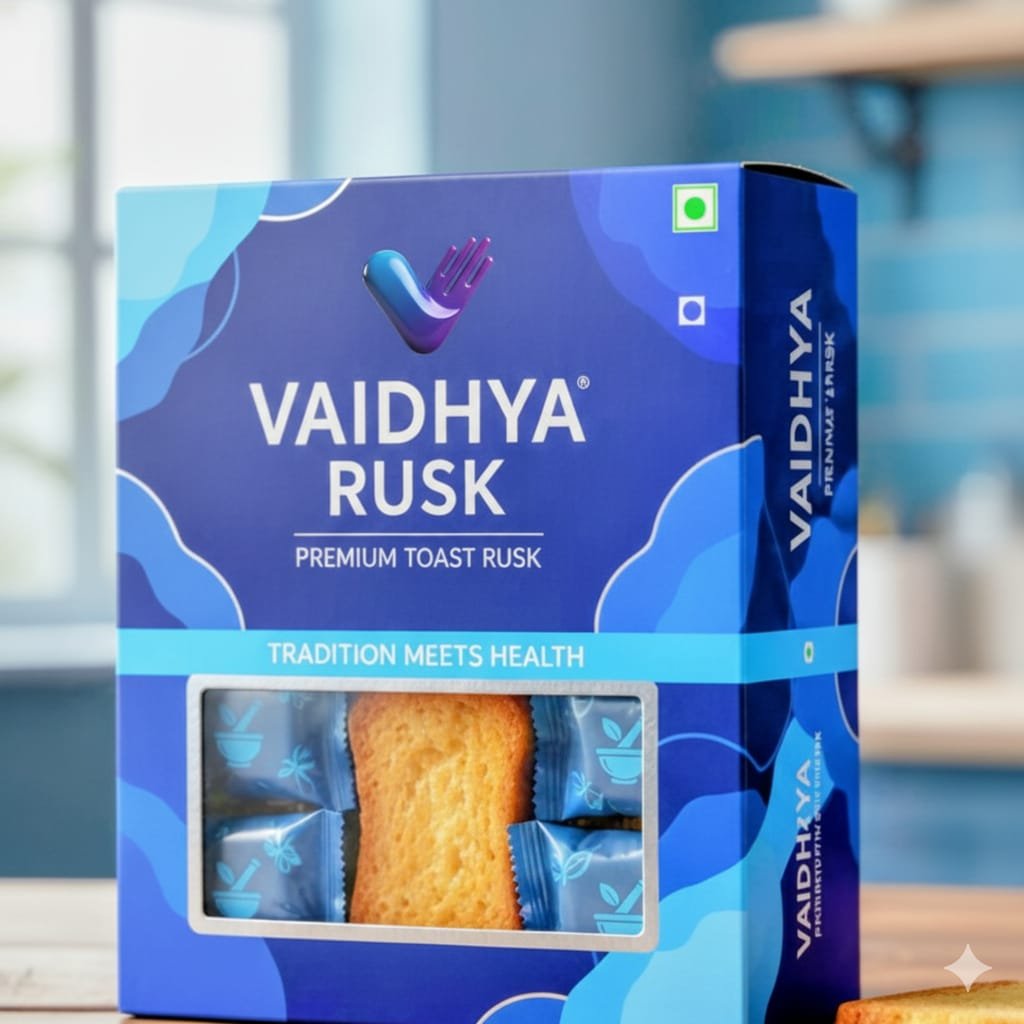 Vaidhya Rusk premium toast rusk packaging on a kitchen table